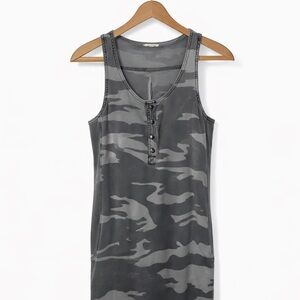 Splendid Camo Tank Dress Small Gray Sleeveless Popover Button Front Casual Mini